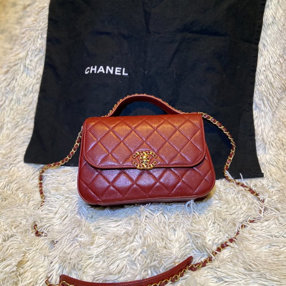 Chanel Lambskin Quilted Chain Infinity Top Handle Flap Burgundy